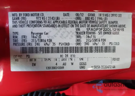 2013 Ford Focus Se из США, поврежденный, VIN 1FADP3F22DL121615